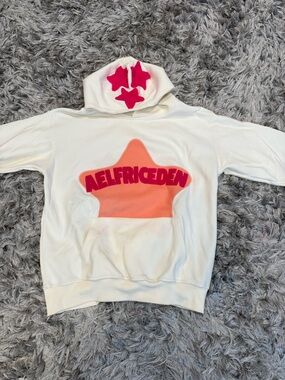 Aelfric Eden White Hoodie with Coral Star and Hot Pink Embroidery